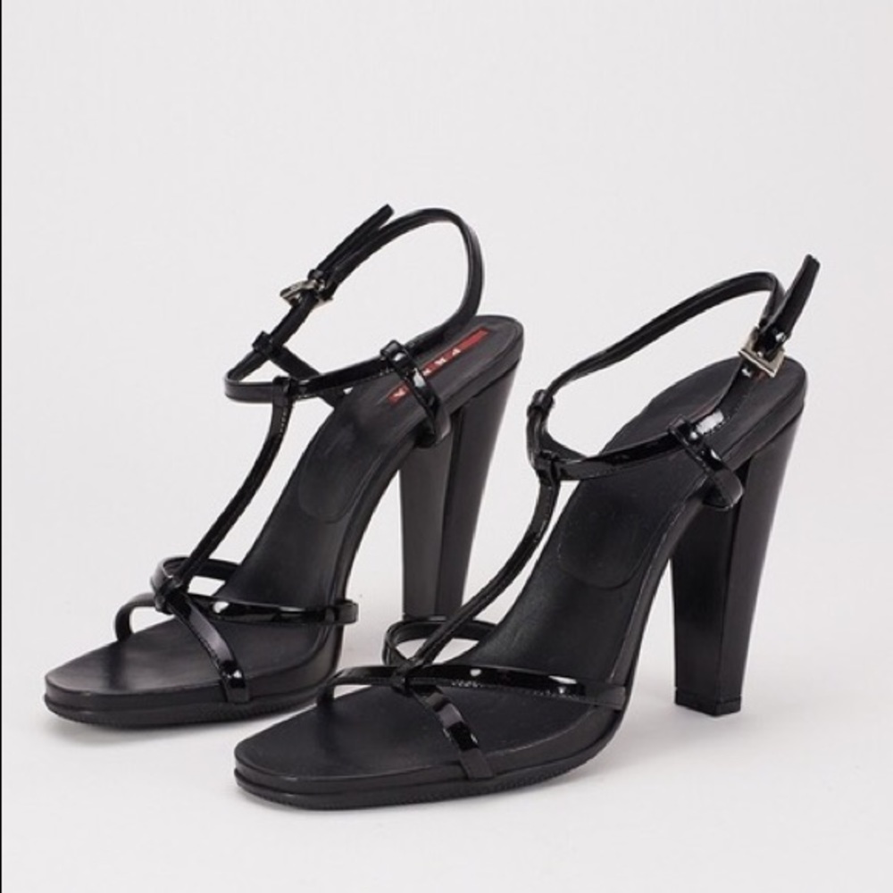 Authentic Prada Black Patent Strappy Heels Size 37